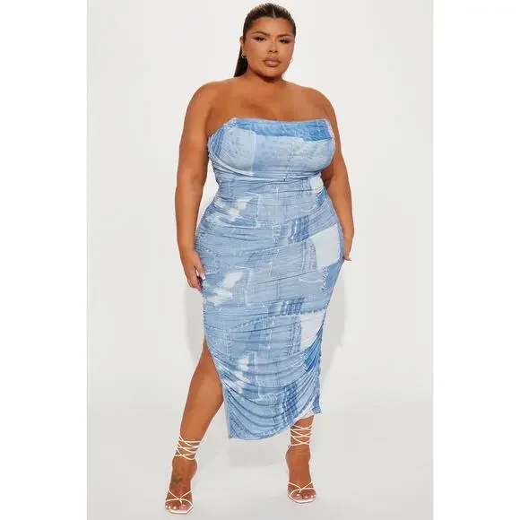 Fashion Nova Alexis Mesh Strapless Maxi Dress Size 3X NWT Blue Combo - Picture 1 of 9